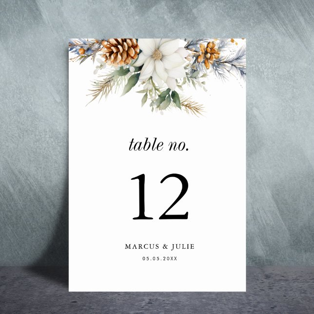 Pine Tree Winter Floral Christmas Wedding Party Table Number (Creator Uploaded)