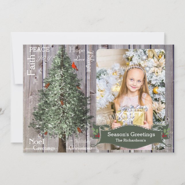 Pine Tree With Cardinal Rustic Christmas Photo Holiday Card (Front)