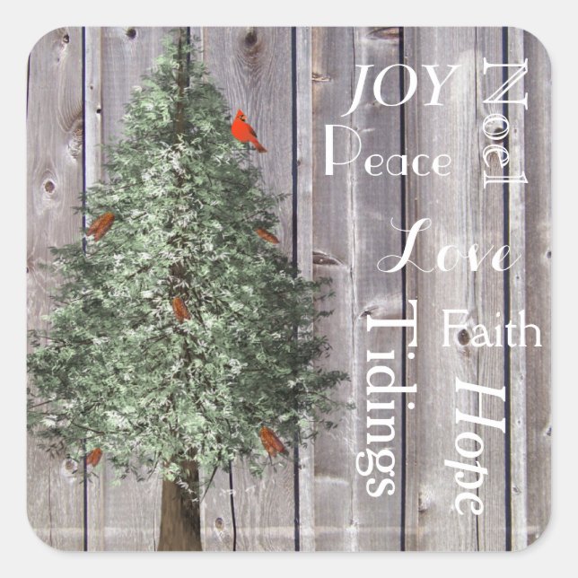 Pine Tree With Cardinal Rustic Christmas Square Sticker (Front)