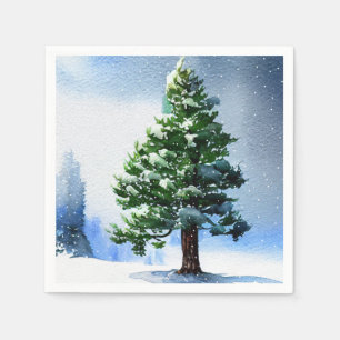 Pine Tree with Snow Watercolor Painting Christmas Napkin