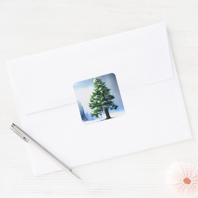Pine Tree with Snow Watercolor Painting Christmas  Square Sticker (Envelope)