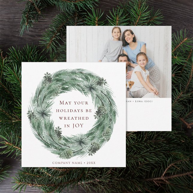 Pine Tree Wreath Family Photo Green & Red Holiday Card (Front & Back)