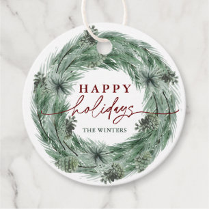 Pine Tree Wreath Happy Holidays with QR Code  Favour Tags