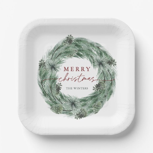 Pine Tree Wreath Merry Christmas Green & Red Paper Plate (Front)