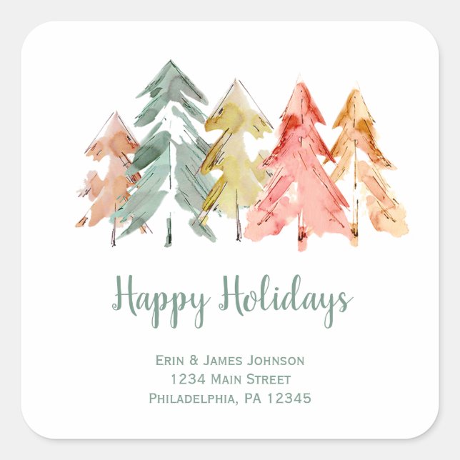 Pine Trees Abstract Watercolor Personalised Square Sticker (Front)