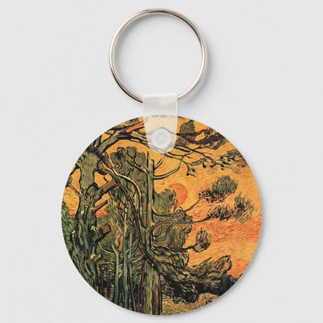 Pine Trees against a Red Sky with Setting Sun. Key Ring (Front)