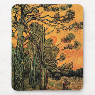 Pine Trees against a Red Sky with Setting Sun. Mouse Pad