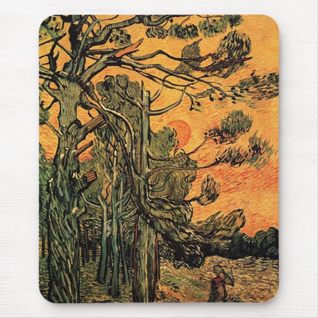 Pine Trees against a Red Sky with Setting Sun. Mouse Pad (Front)