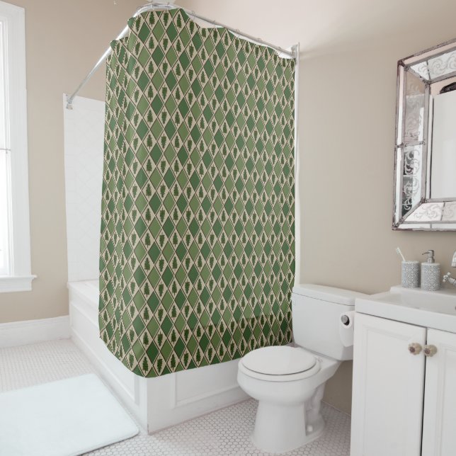 Pine Trees and Harlequin Shower Curtain (In Situ)