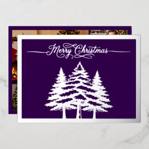 Pine trees and Merry Christmas in Purple, Silver Foil Holiday Card