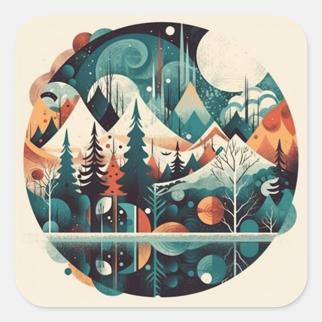 Pine trees and mountains, customisable square sticker (Front)
