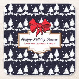 Pine Trees and Snow Happy Holiday Season Family Square Paper Coaster