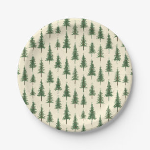 Pine Trees Beige Watercolor Christmas Holiday Paper Plate