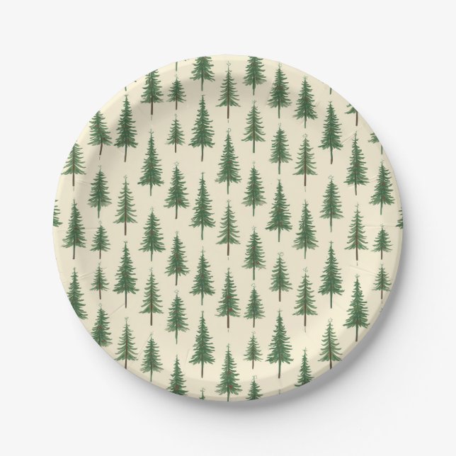 Pine Trees Beige Watercolor Christmas Holiday Paper Plate (Front)