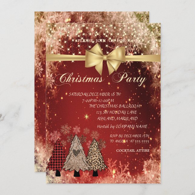 Pine Trees,Bow Red Company Christmas Party  Invitation (Front/Back)