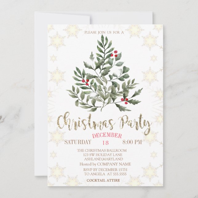 Pine Trees Branches Snowflakes Christmas Party Invitation (Front)