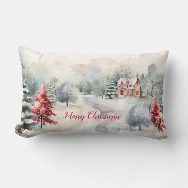 Pine Trees Christmas Landscape Lumbar Cushion (Front)