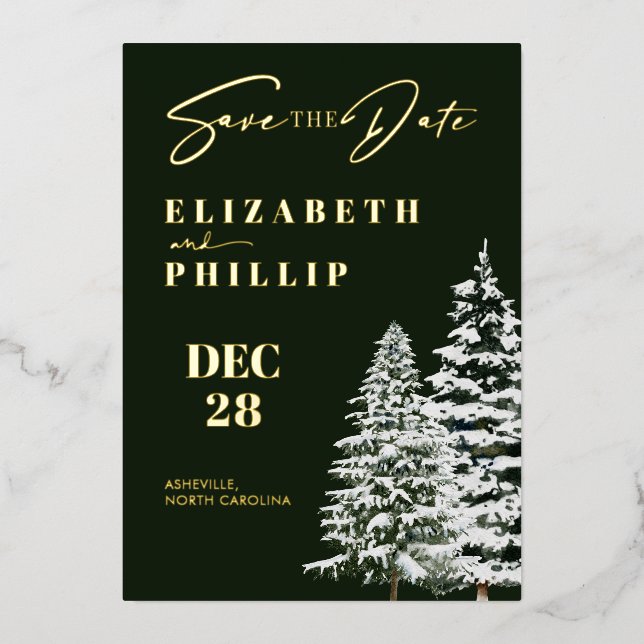 Pine Trees Christmas Winter Green Save The Date (Front)