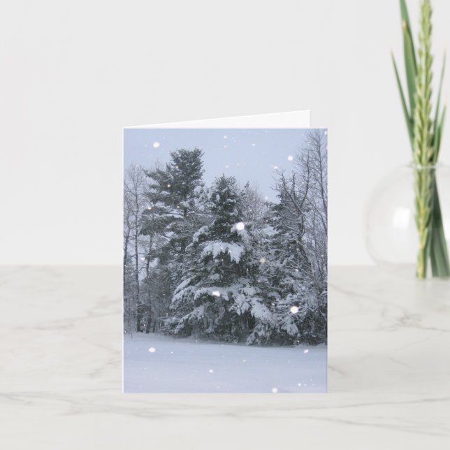 Pine Trees & Falling Snow Holiday Card (Front)