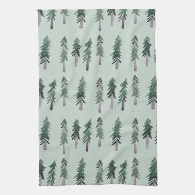 Pine Trees Forest Pattern Watercolor Green Tea Towel (Vertical)