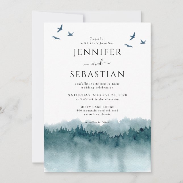 Pine Trees Forest Rustic Watercolor Wedding Invitation (Front)