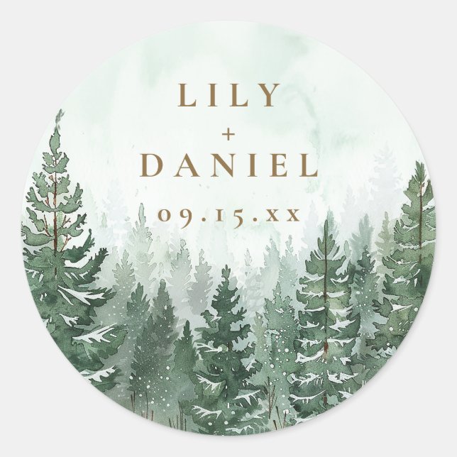 Pine Trees Forest Woodland Adventure Wedding Favor Classic Round Sticker (Front)