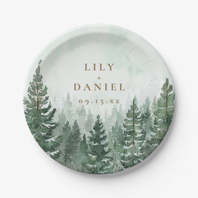 Pine Trees Forest Woodland Adventure Wedding Paper Plate (Front)