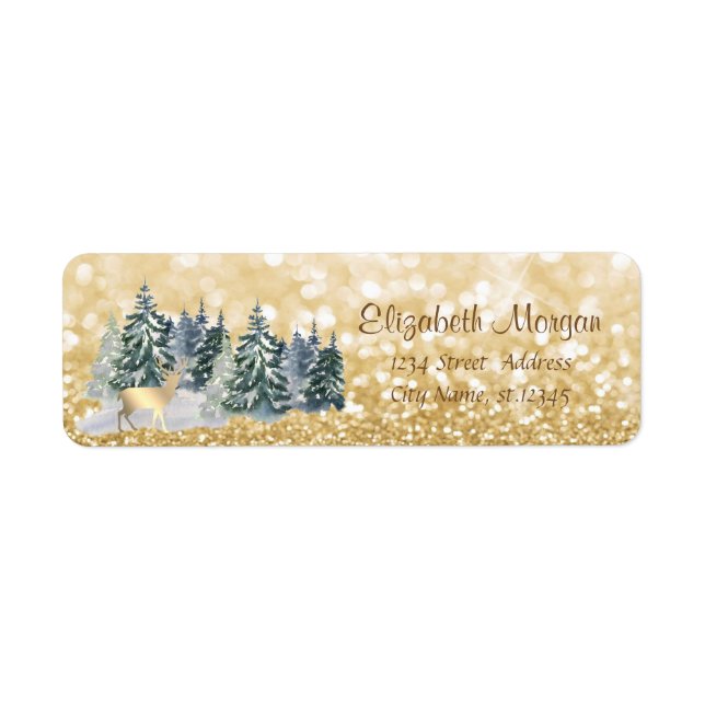 Pine Trees,Gold Deer,Glittery Bokeh  Return Address Label (Front)