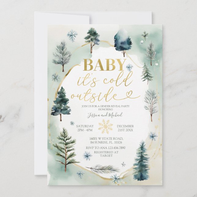 Pine Trees Gold Winter Gender Reveal Baby Shower Invitation (Front)