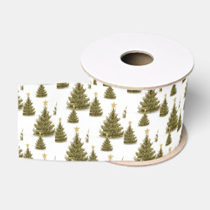 Pine Trees Green White Botanical Holiday Grosgrain Ribbon