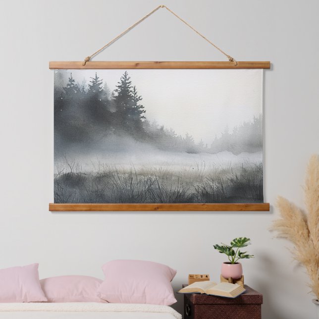 Pine Trees Meadow Low Lying Fog Hanging Tapestry (Bedroom)