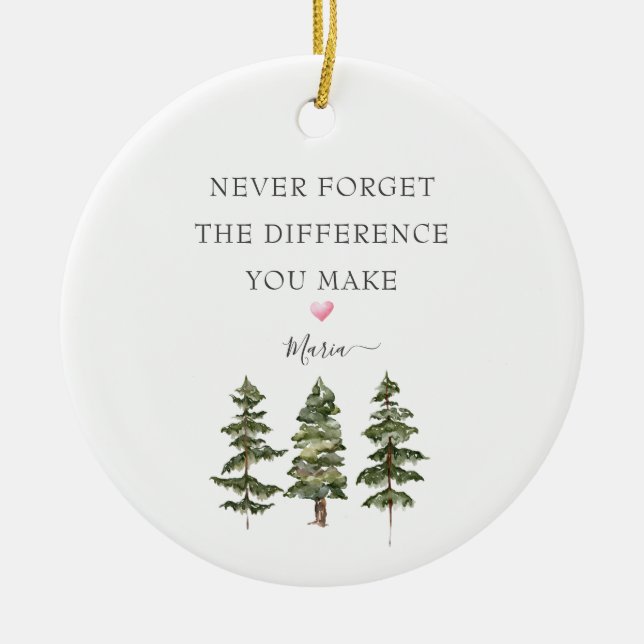 Pine Trees Never Forget Personalised Message Ceramic Ornament (Front)