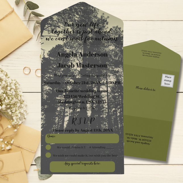 Pine Trees Olive Green Autumn Wedding  All In One Invitation (Creator Uploaded)