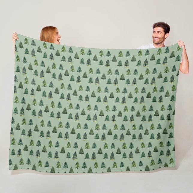 Pine trees pattern Christmas Green Watercolor Fleece Blanket (In Situ)