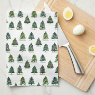 Pine trees pattern Christmas Green Watercolor Tea Towel