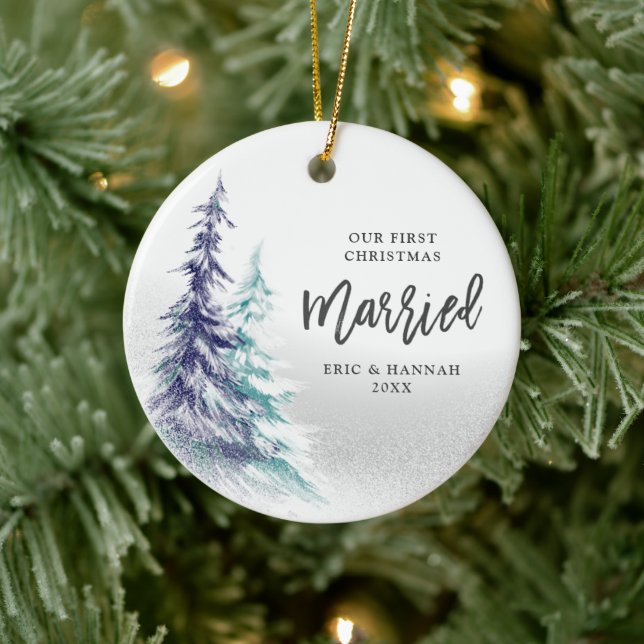 Pine Trees Personalised First Christmas Married Ceramic Ornament (Tree)