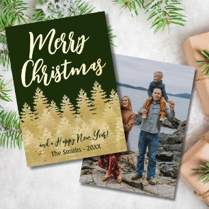 Pine Trees Photo Custom Merry Christmas Gold Foil Holiday Card