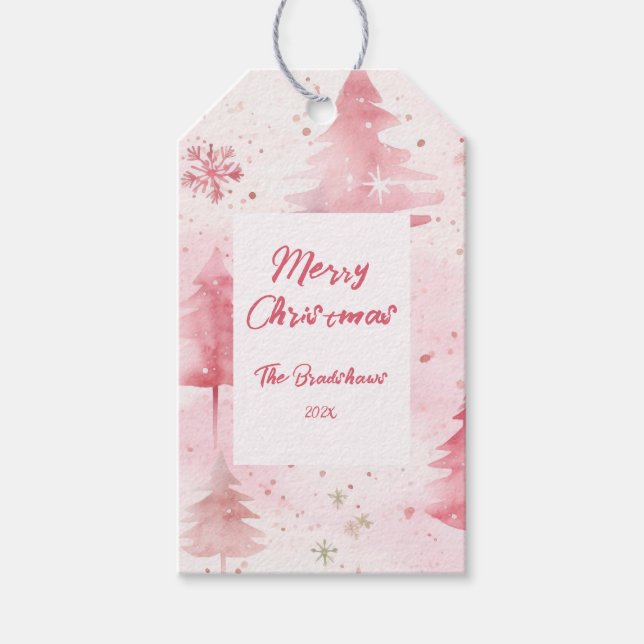 Pine Trees Pink Christmas Gift Tags (Front)