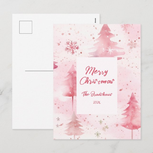 Pine Trees Pink Christmas Postcard (Front/Back)