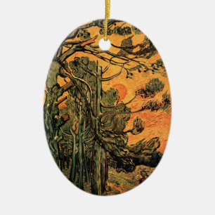 Pine Trees Red Sky Setting Sun by Vincent van Gogh Ceramic Tree Decoration