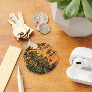 Pine Trees Red Sky Setting Sun by Vincent van Gogh Key Ring