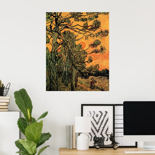 Pine Trees Red Sky Setting Sun by Vincent van Gogh Poster (Home Office)
