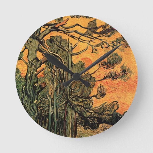 Pine Trees Red Sky Setting Sun by Vincent van Gogh Round Clock (Front)