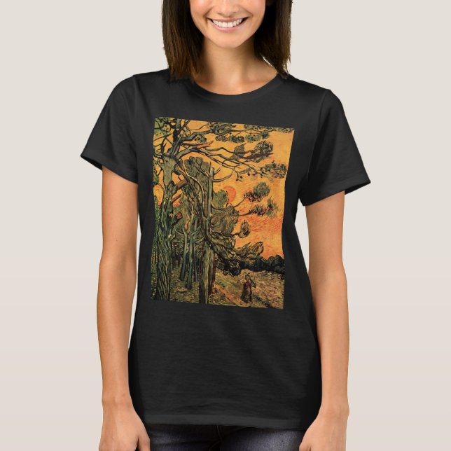 Pine Trees Red Sky Setting Sun by Vincent van Gogh T-Shirt (Front)