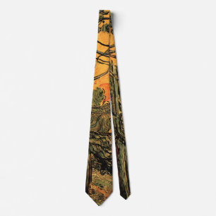 Pine Trees Red Sky Setting Sun by Vincent van Gogh Tie