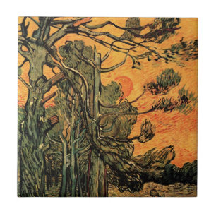 Pine Trees Red Sky Setting Sun by Vincent van Gogh Tile