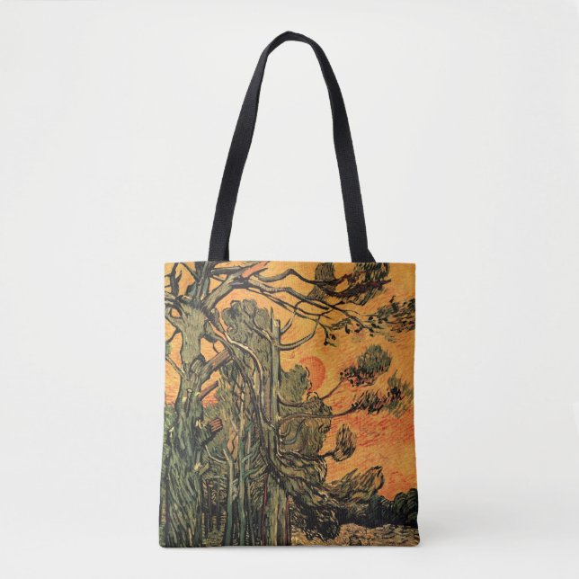 Pine Trees Red Sky Setting Sun by Vincent van Gogh Tote Bag (Front)