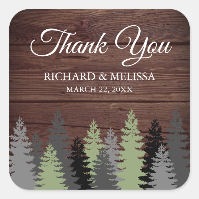 Pine Trees Rustic Wood Winter Wedding Thank You Square Sticker (Front)