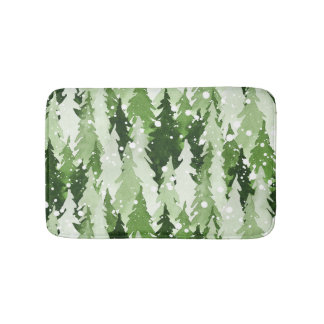 Pine Trees Snow: Watercolor Christmas. Bath Mat