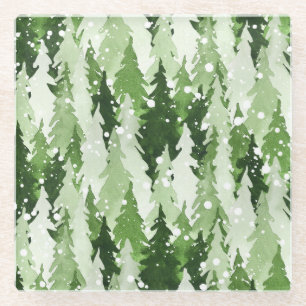 Pine Trees Snow: Watercolor Christmas. Glass Coaster